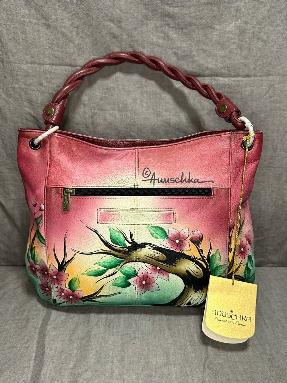 🆕 Anuschka Pink Hand-Painted Floral Leather Shoulder Bag with Green Accents